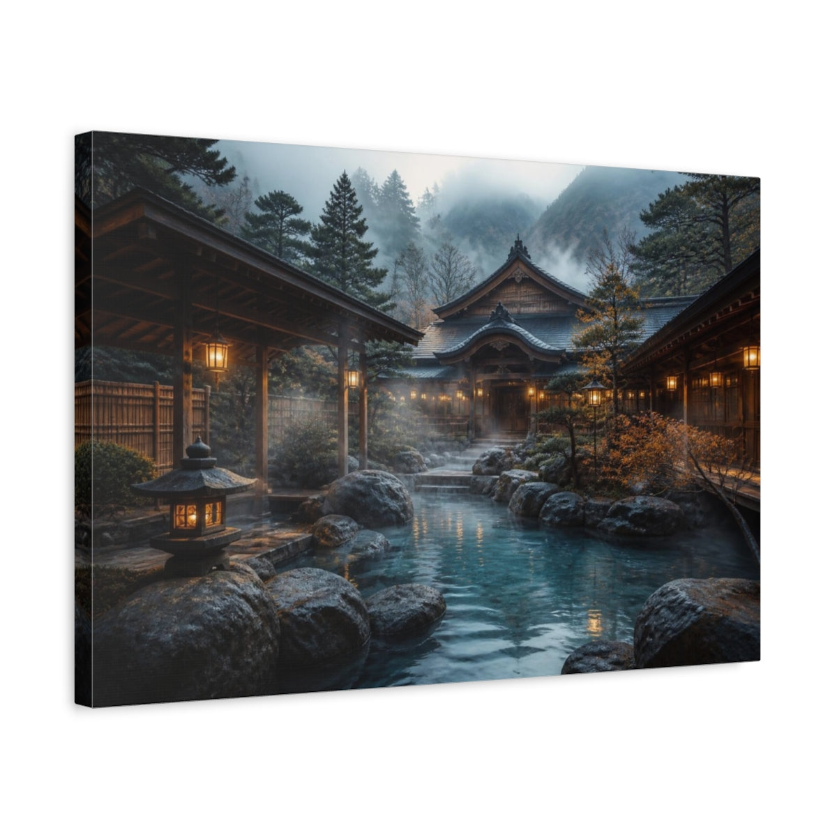 Side Mockup 3. Japanese Onsen Courtyard shown as canvas print