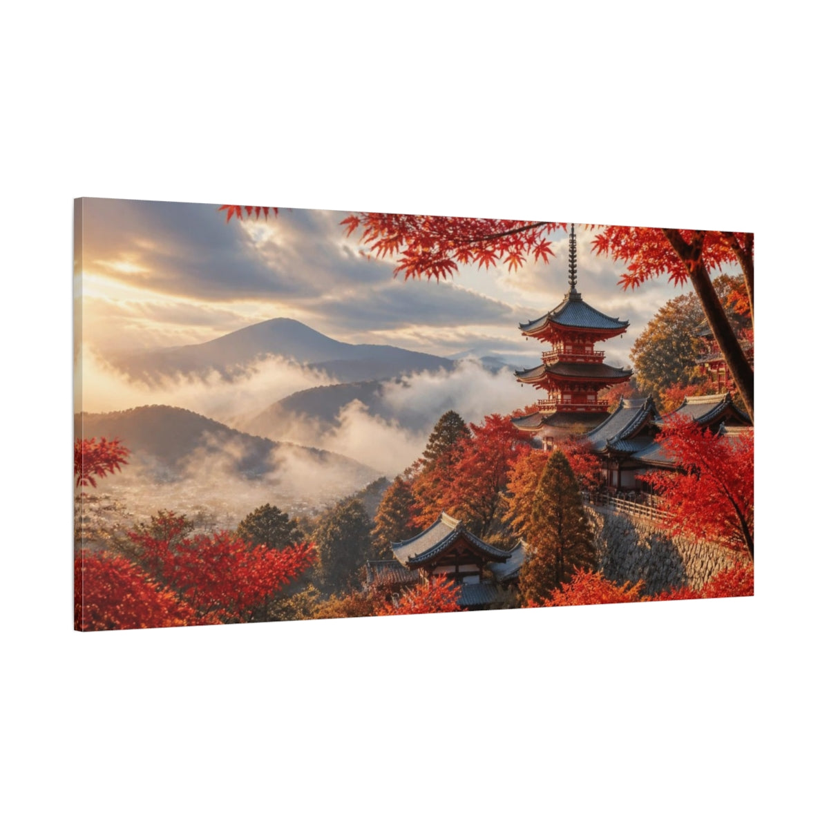 Side Mockup 2. Japanese Pagoda In Autumn shown as canvas print
