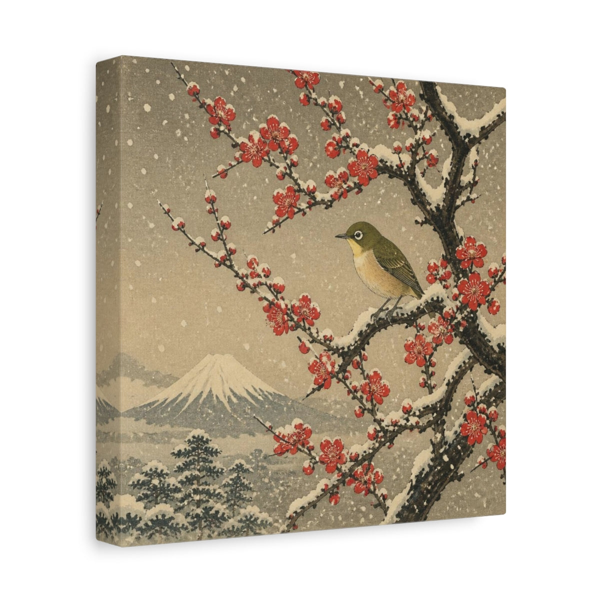 Side Mockup 9. Japanese Plum & Bird shown as canvas print