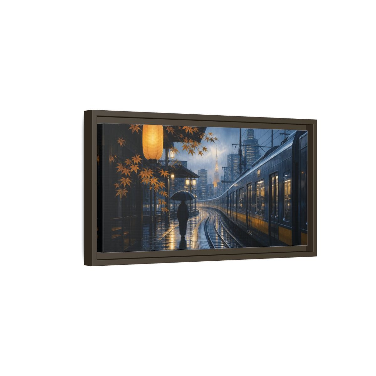 Side Mockup 7. Japanese Rainy Train Platform shown as framed canvas print