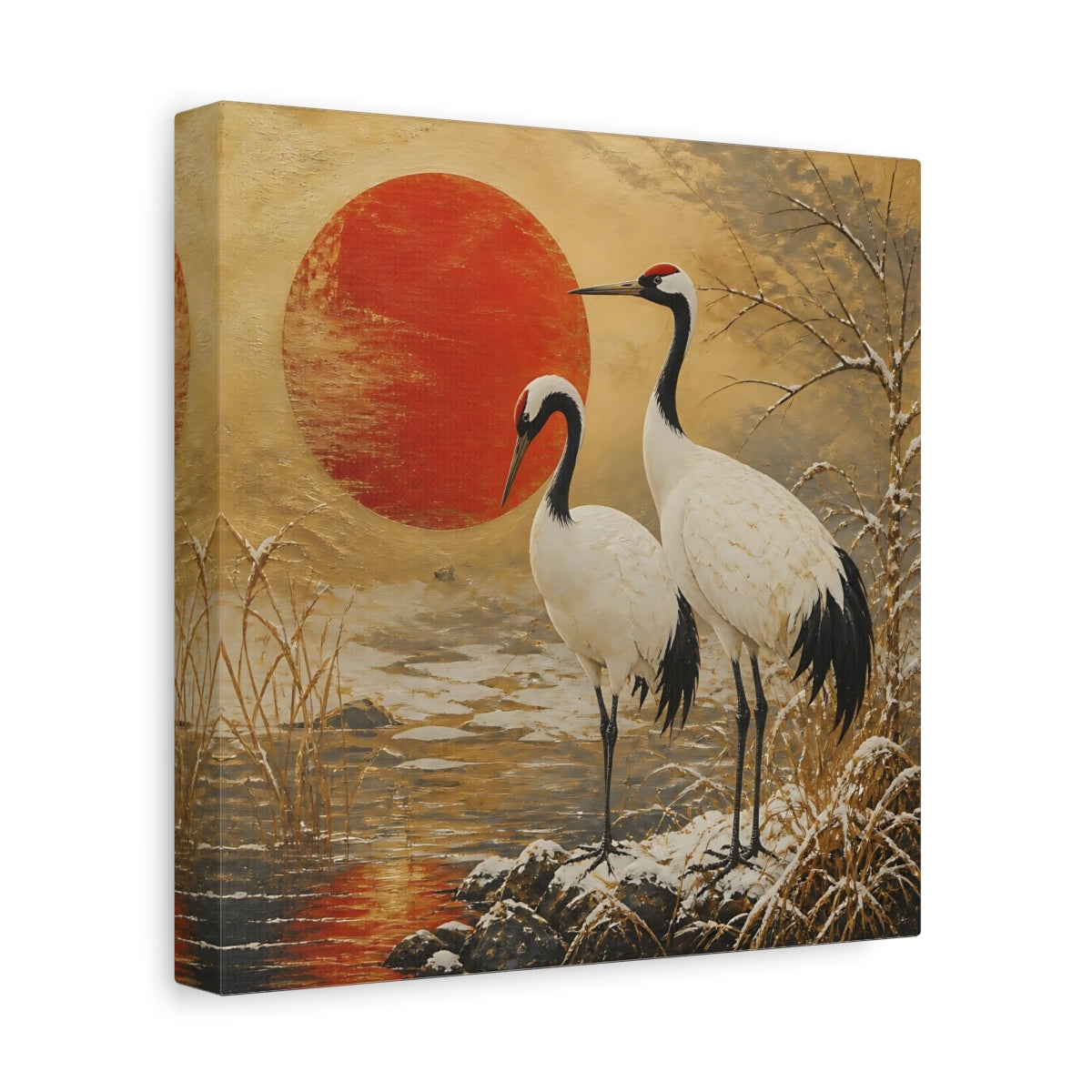 Side Mockup 9. Japanese Red Sun Cranes shown as canvas print