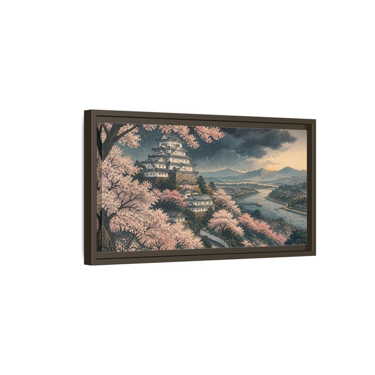 Side Mockup 7. Japanese Sakura Castle shown as framed canvas print