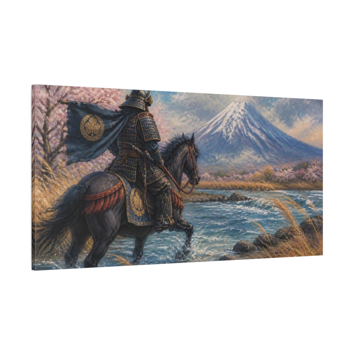 Side Mockup 2. Japanese Samurai At River shown as canvas print