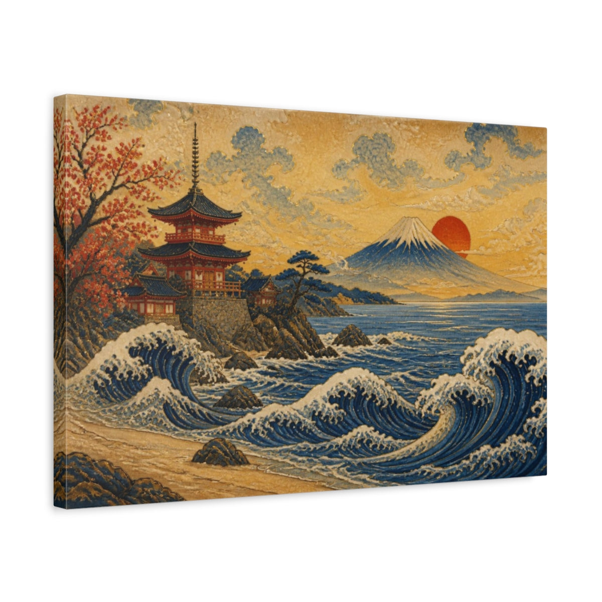 Side Mockup 3. Japanese Seaside Pagoda Waves shown as canvas print