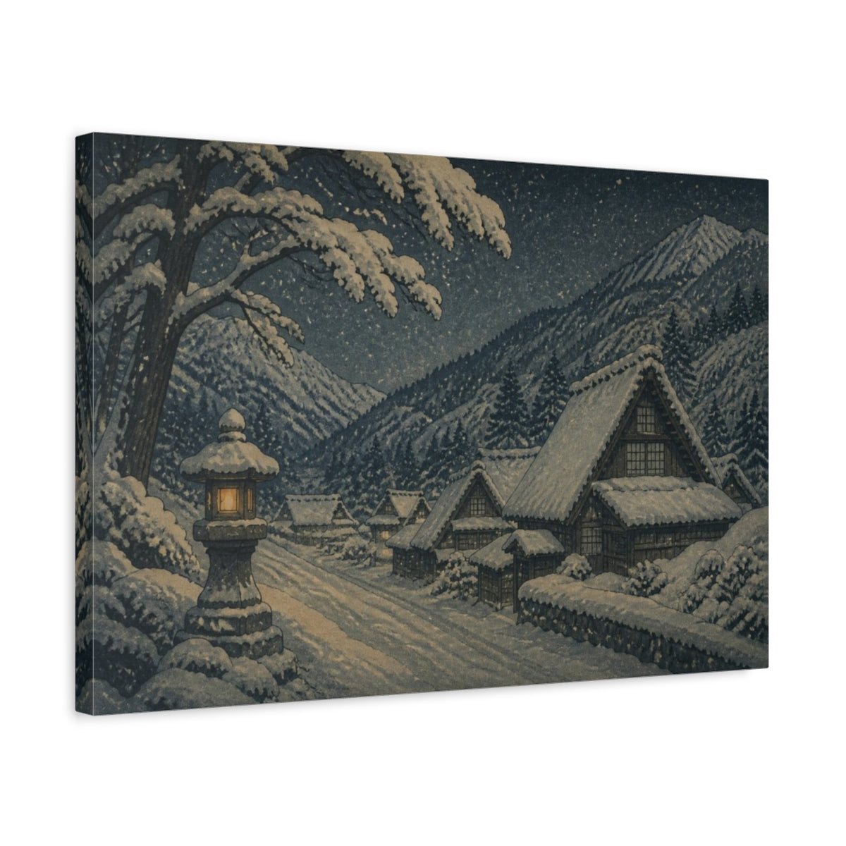 Side Mockup 3. Japanese Snowbound Mountain Village shown as canvas print