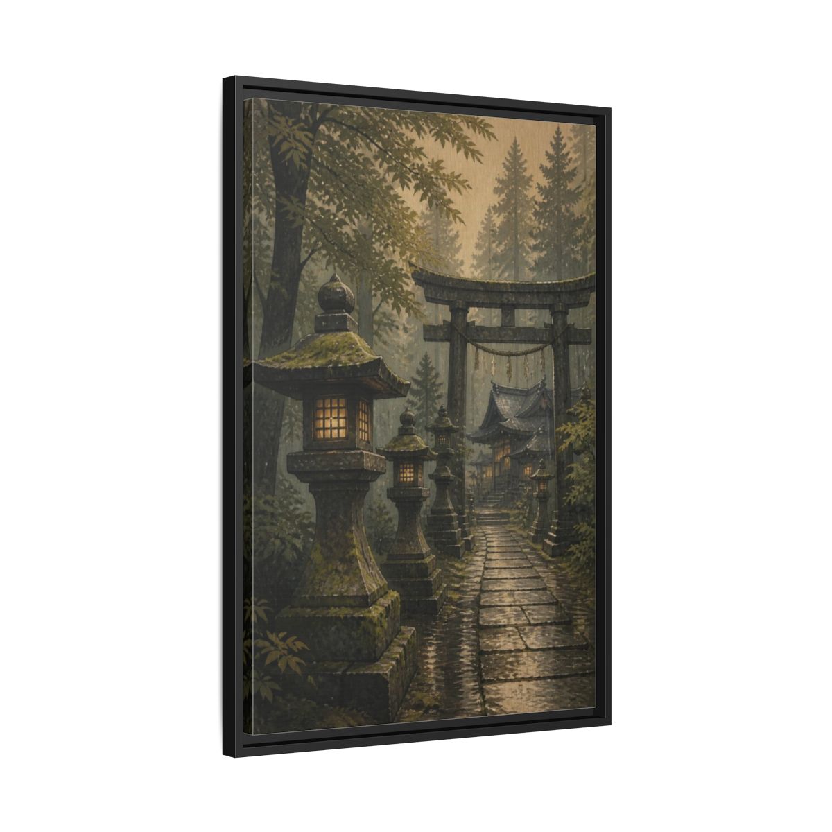 Side Mockup 14. Japanese Stone Lantern Path shown as framed canvas print