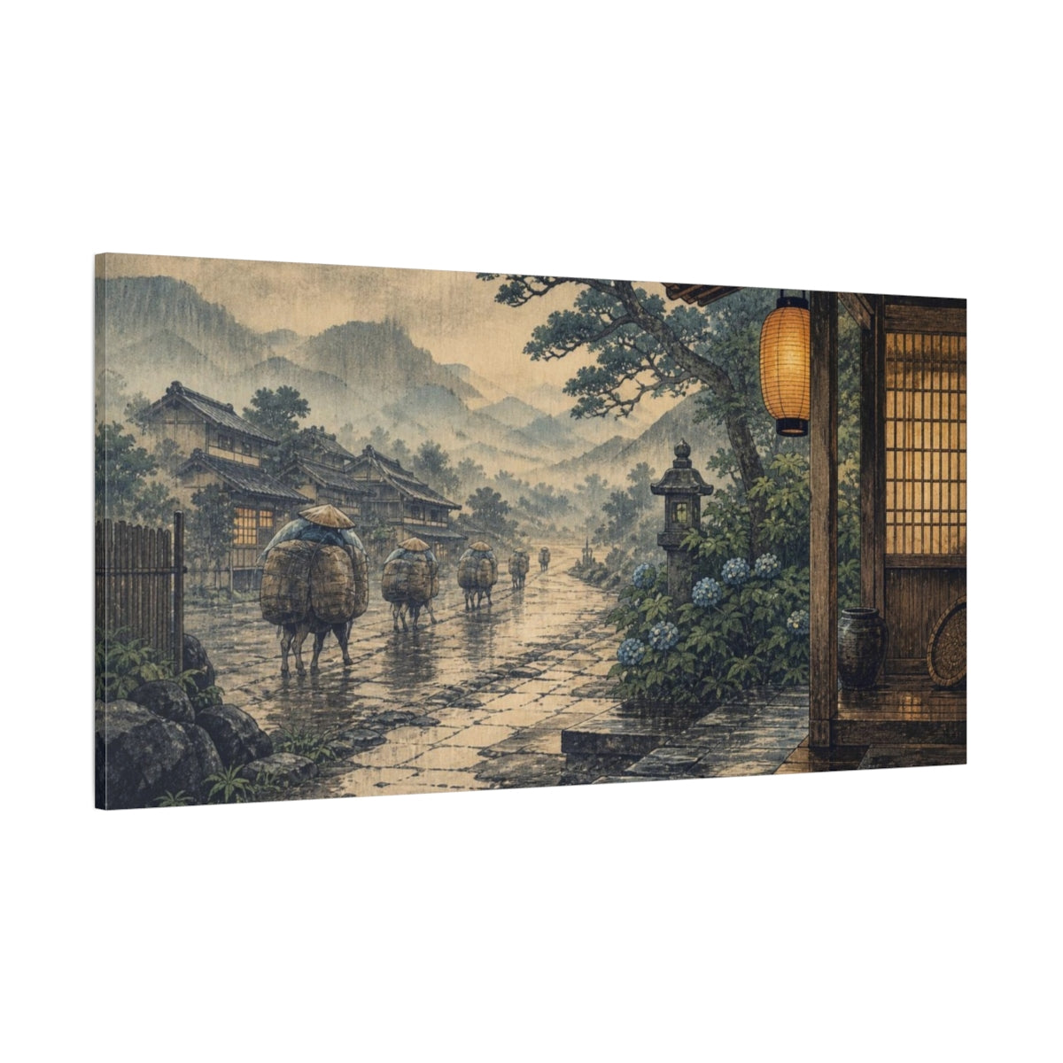 Side Mockup 2. Japanese Travelers On Rainy Road shown as canvas print
