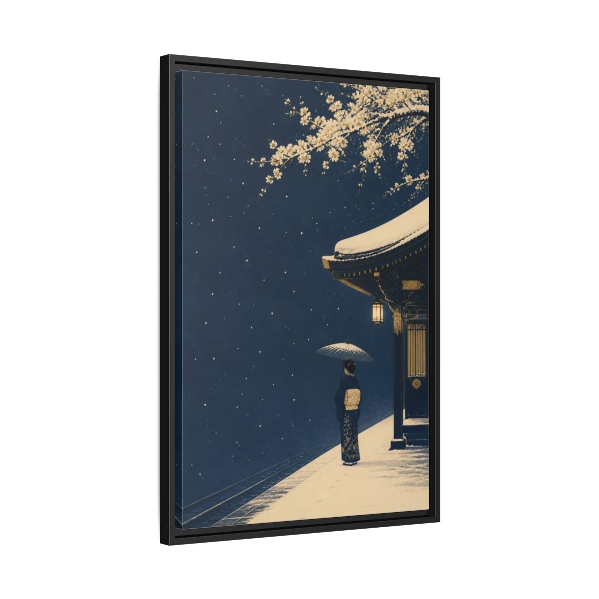Side Mockup 14. Japanese Woman At Snowy Station shown as framed canvas print