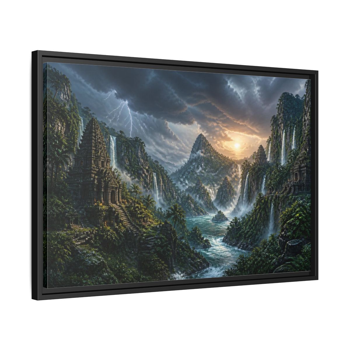 Side Mockup 14. Jungle Temple Landscape shown as framed canvas print