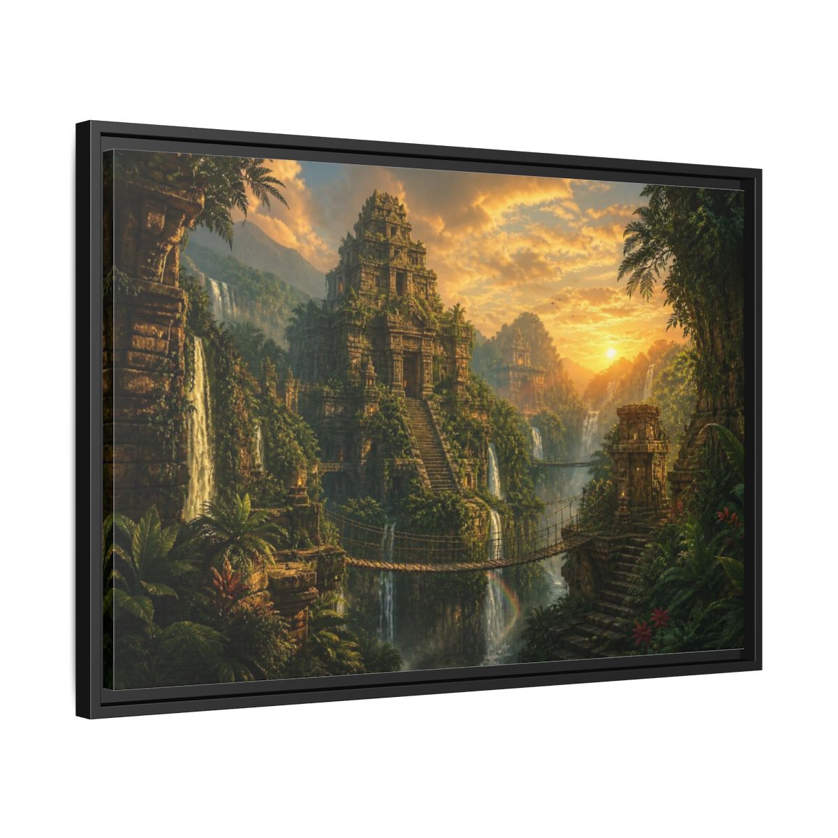 Side Mockup 14. Jungle Temple Landscape Sunset shown as framed canvas print