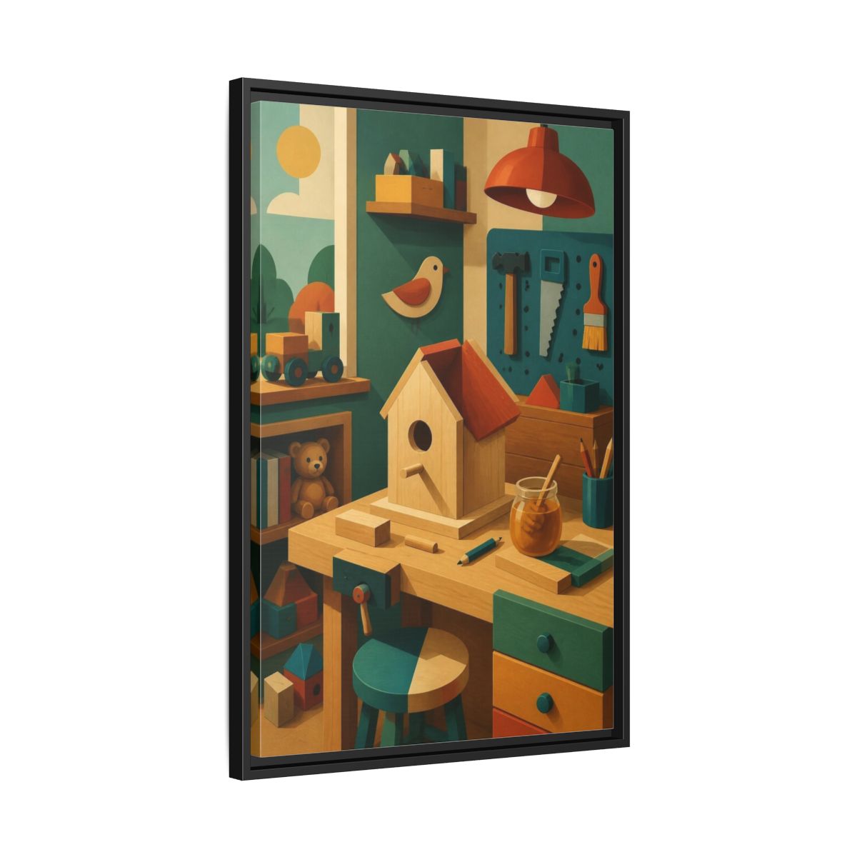 Side Mockup 14. Kids Birdhouse Workshop shown as framed canvas print