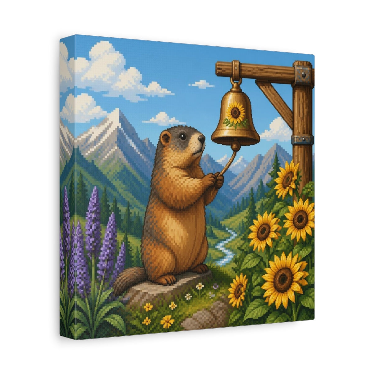 Side Mockup 9. Kids Marmot Ringing Bell shown as canvas print