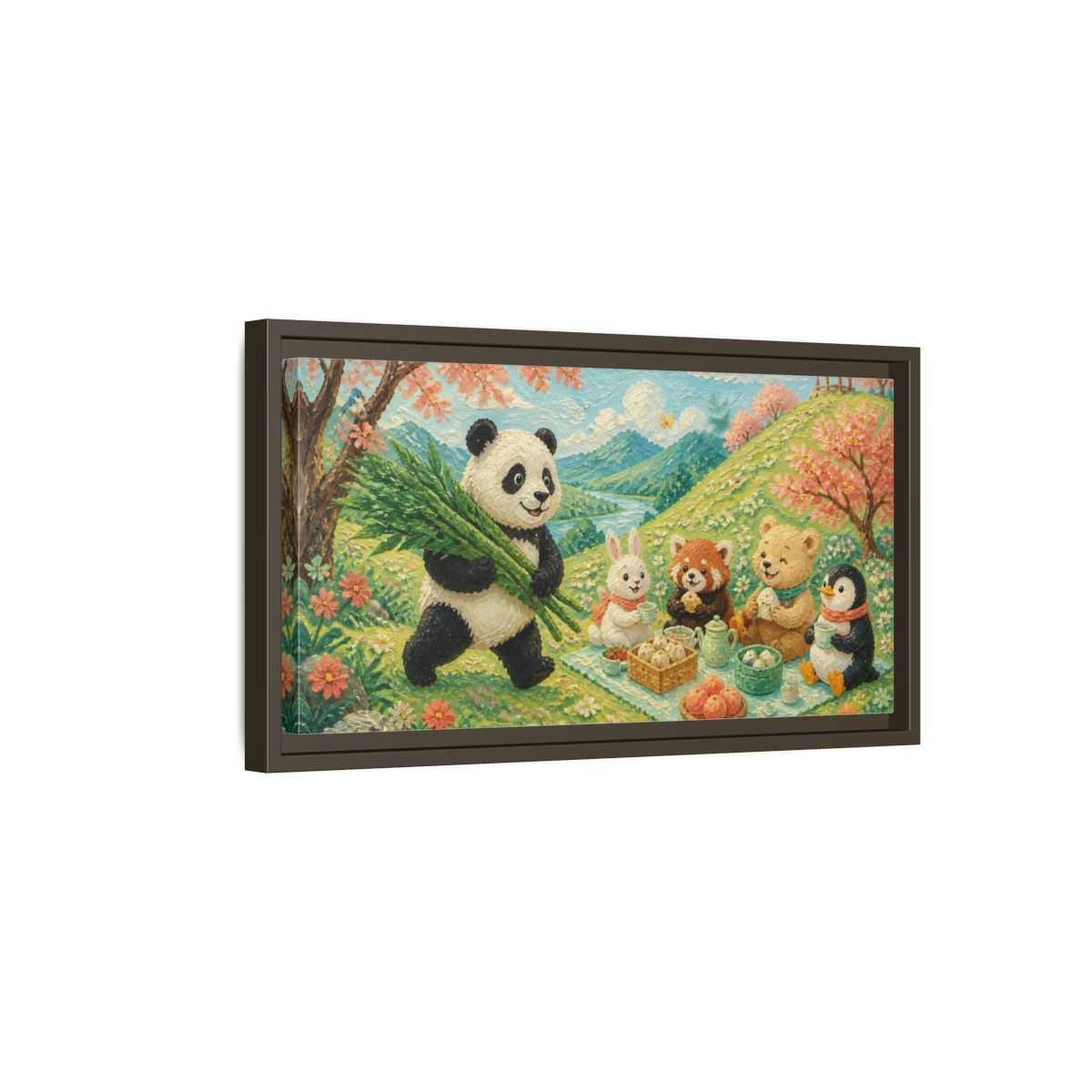 Side Mockup 7. Kids Panda Picnic shown as framed canvas print