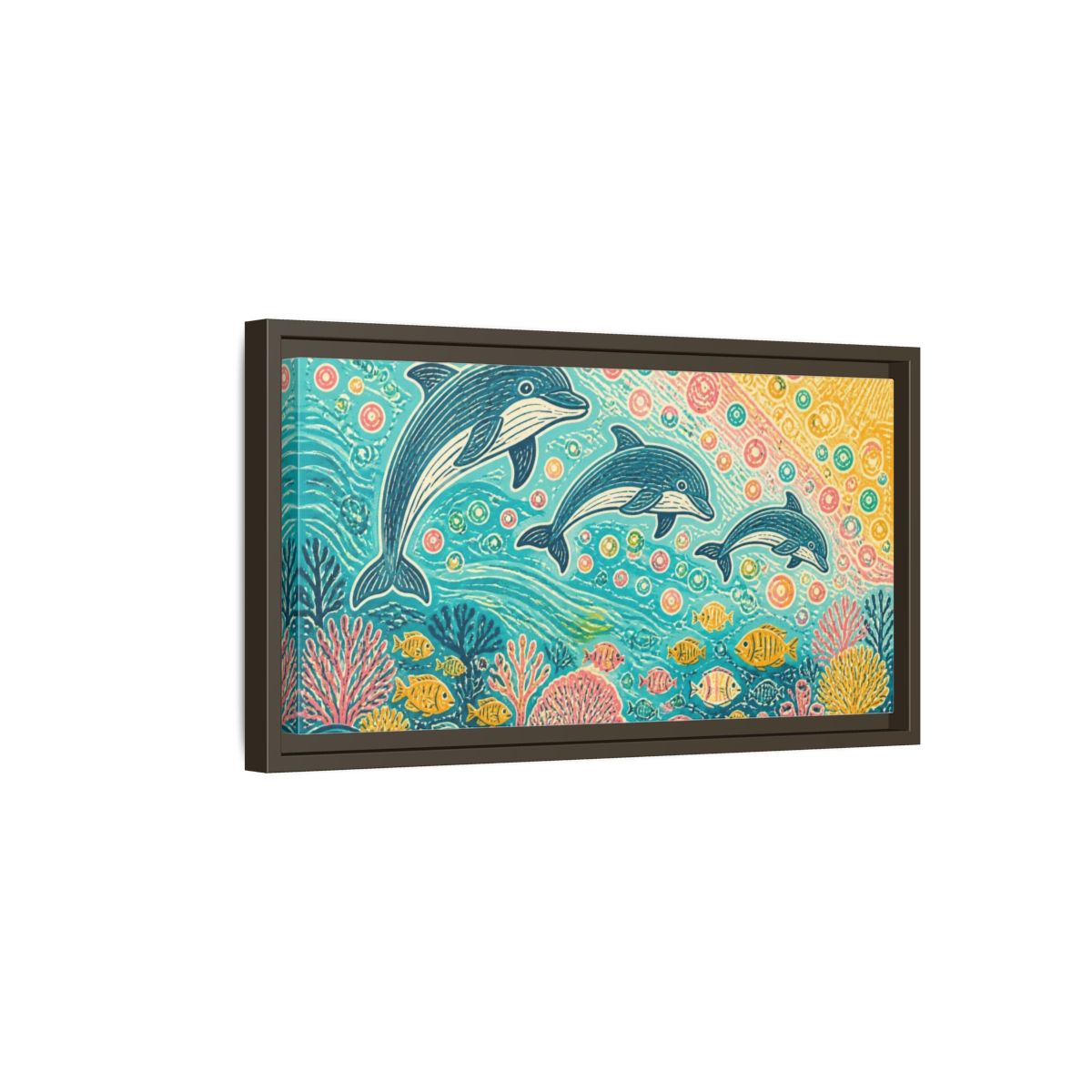Side Mockup 7. Kids Room Dolphin Dance shown as framed canvas print