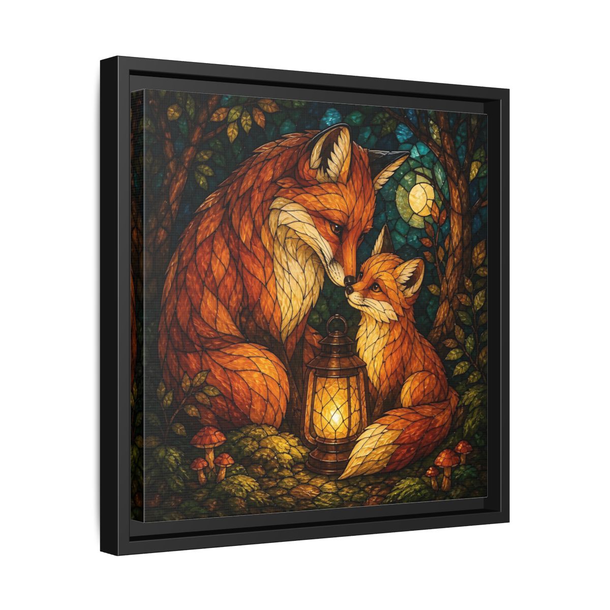 Side Mockup 32. Lantern-Lit Fox Pair shown as framed canvas print