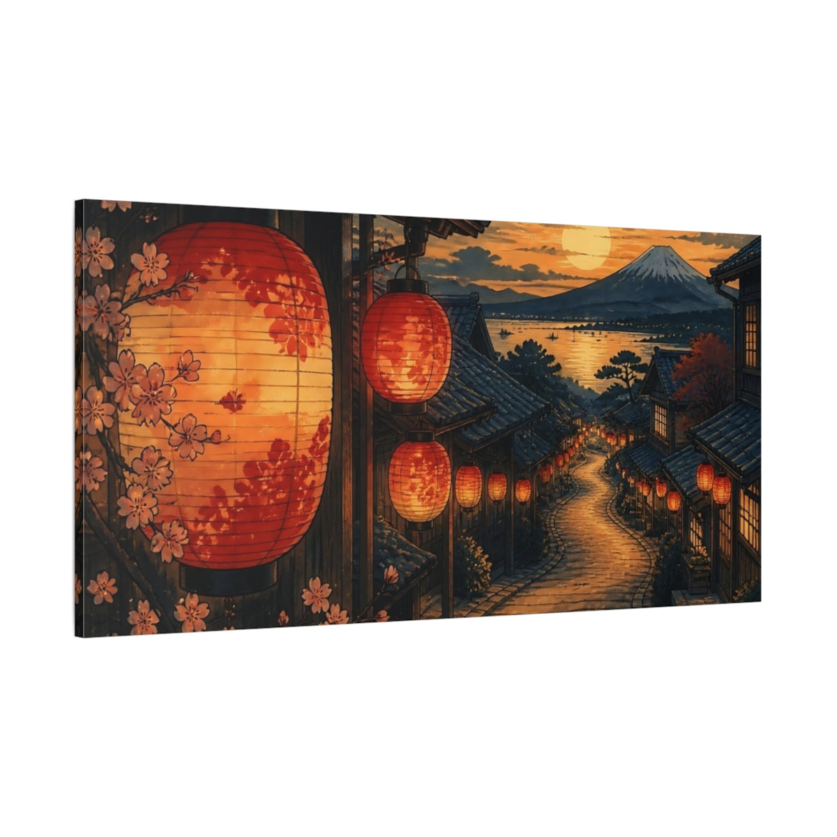 Side Mockup 2. Lantern-Lit Street At Sunset shown as canvas print