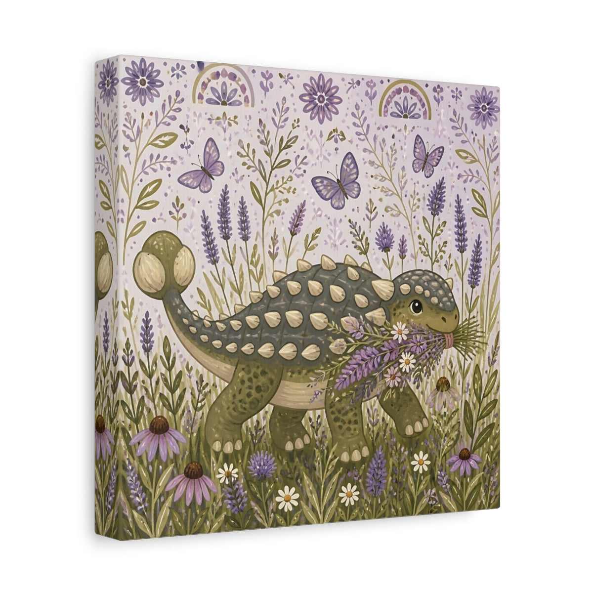 Side Mockup 9. Lavender Ankylosaurus Stroll shown as canvas print