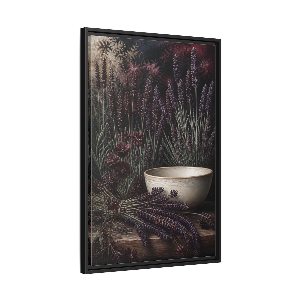 Side Mockup 14. Lavender Flowers & Ceramic Bowl shown as framed canvas print