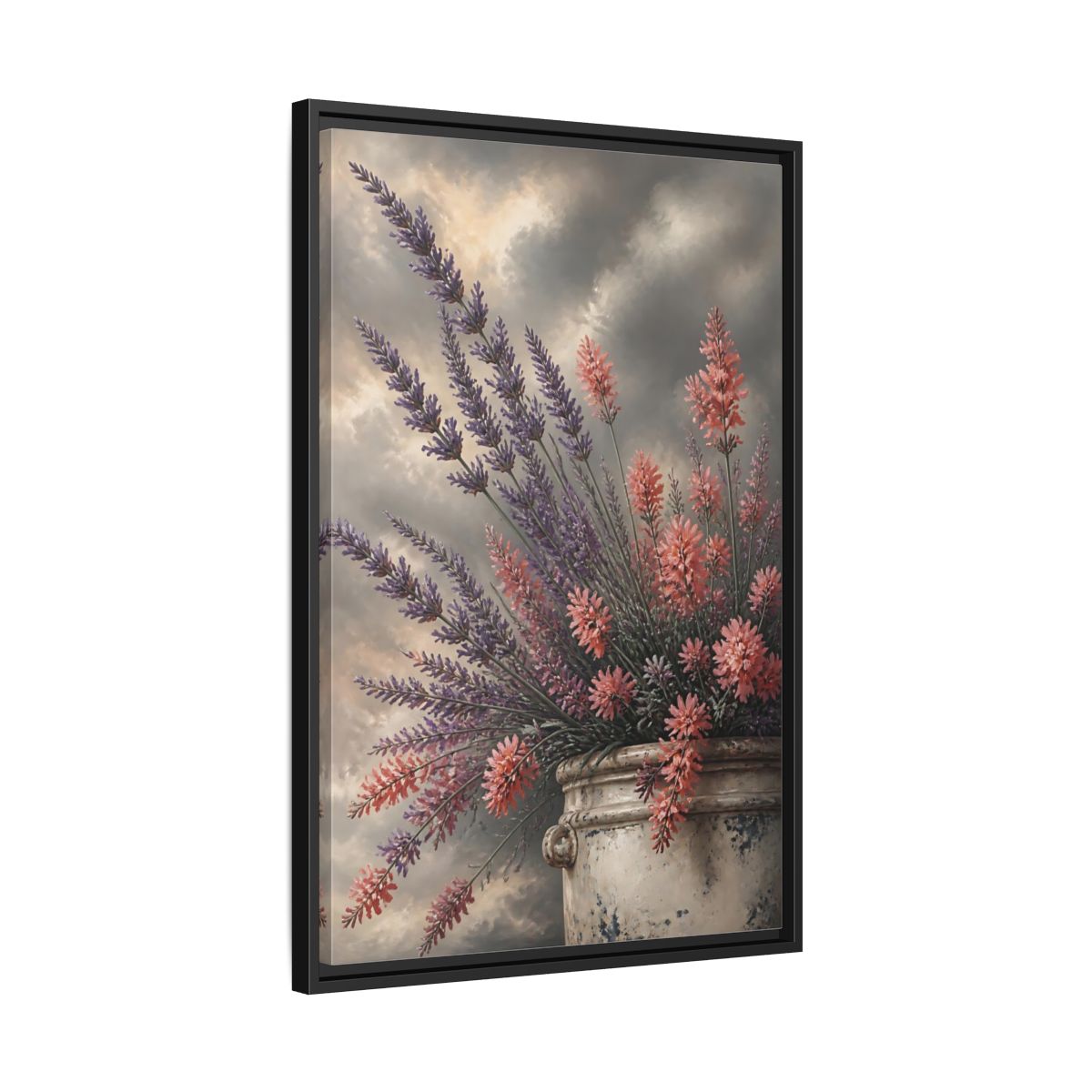 Side Mockup 14. Lavender Flowers In Crock shown as framed canvas print