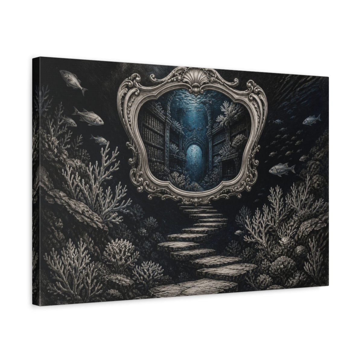 Side Mockup 3. Library Illusion Mirror shown as canvas print