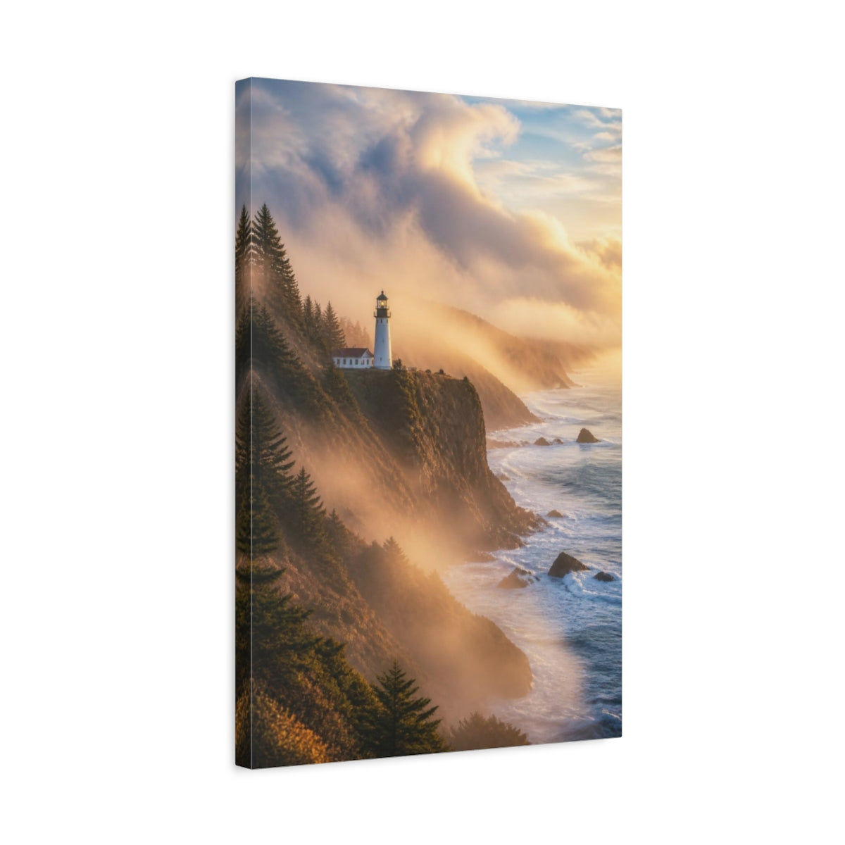 Side Mockup 3. Lighthouse Landscape At Dawn shown as canvas print