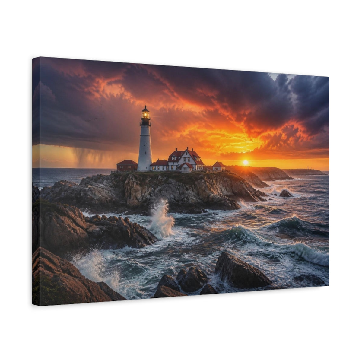 Side Mockup 3. Lighthouse Sunset Landscape shown as canvas print