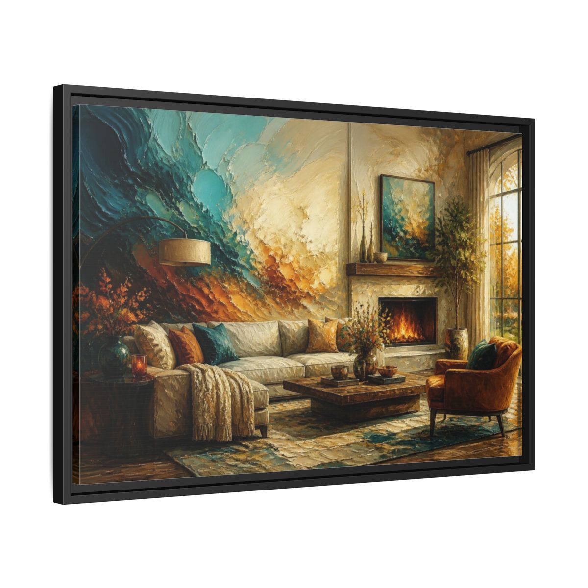 Side Mockup 14. Living Room Abstract Mural shown as framed canvas print