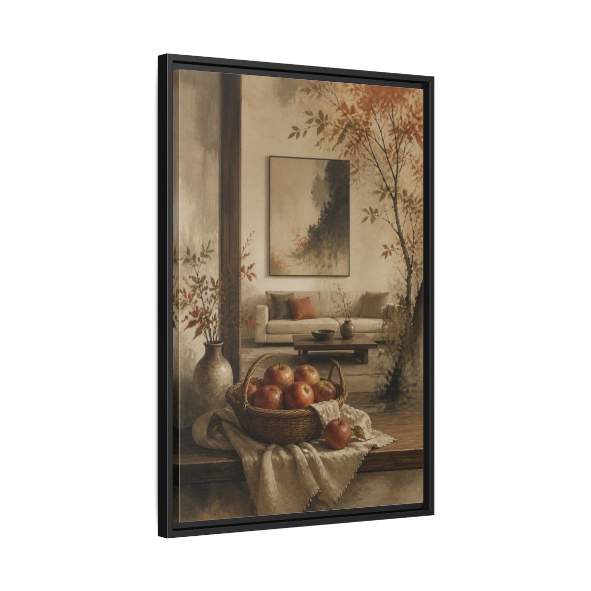 Side Mockup 14. Living Room Apple Still Life shown as framed canvas print