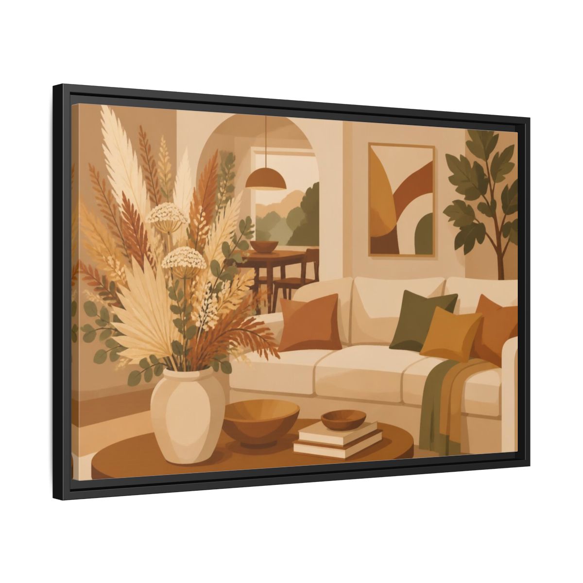 Side Mockup 14. Living Room Dried Bouquet shown as framed canvas print