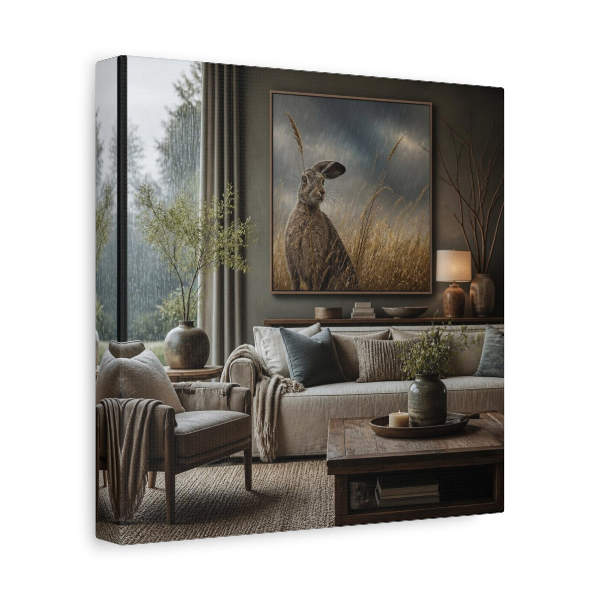 Side Mockup 9. Living Room Hare Portrait shown as canvas print
