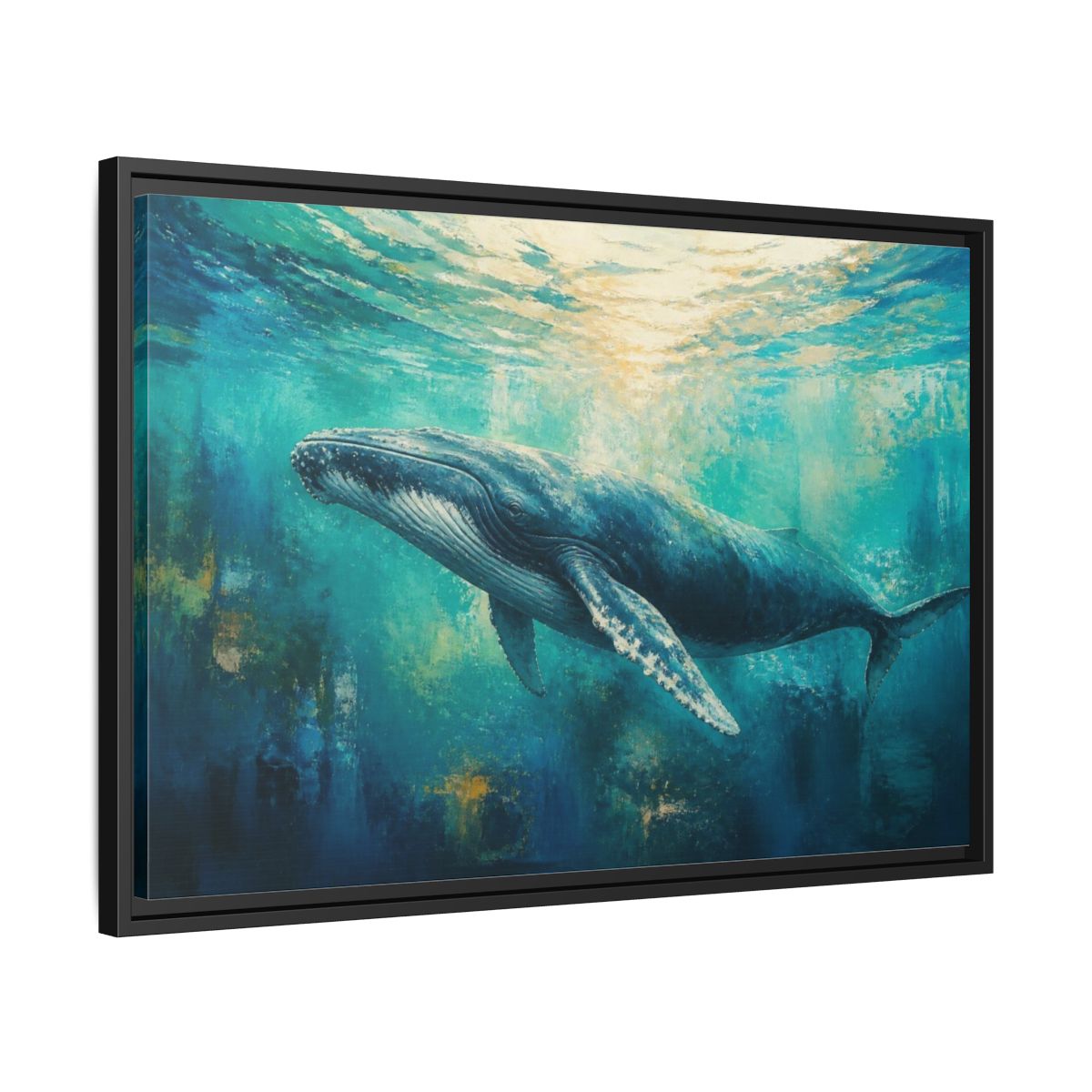 Side Mockup 14. Living Room Humpback Whale shown as framed canvas print