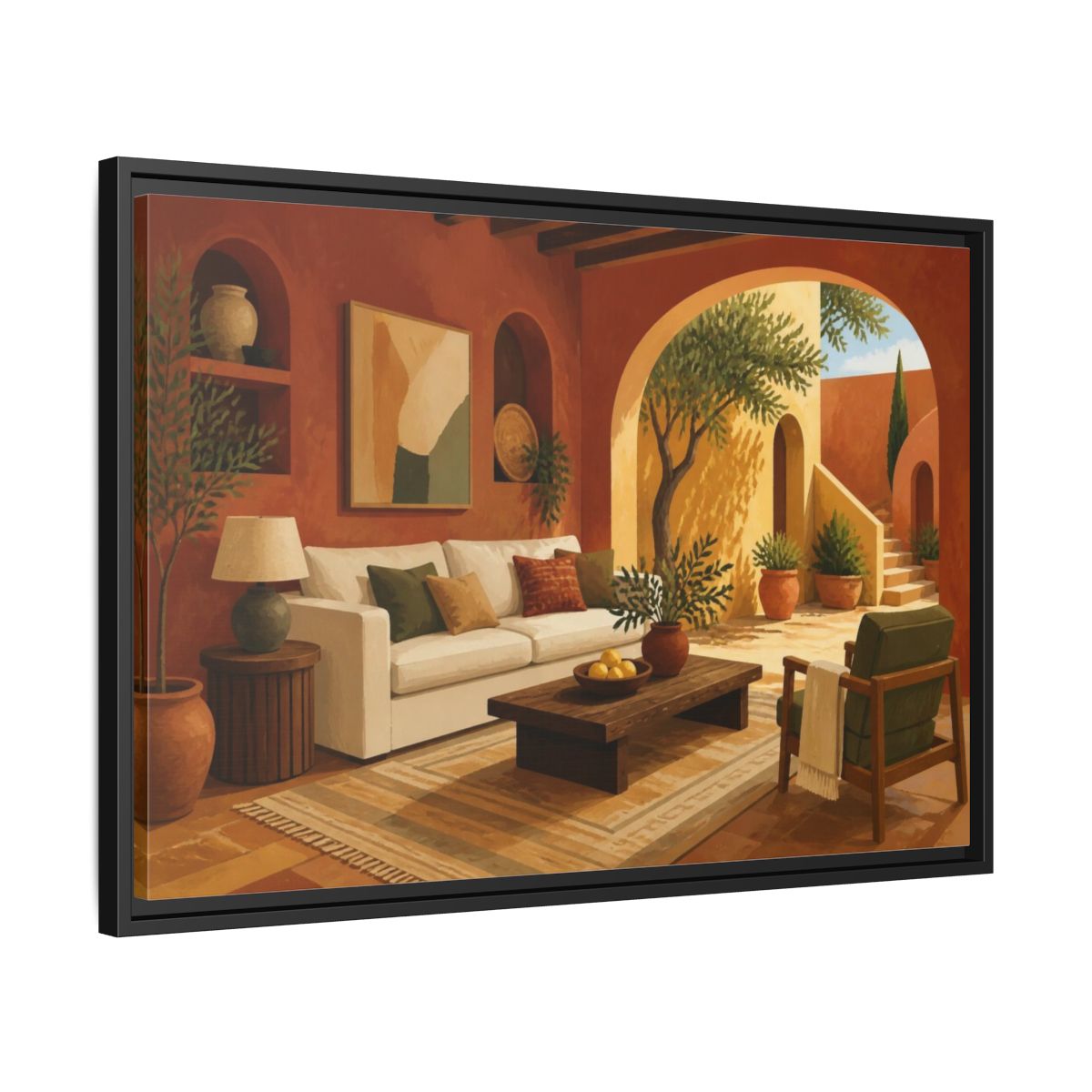 Side Mockup 14. Living Room Olive Courtyard shown as framed canvas print