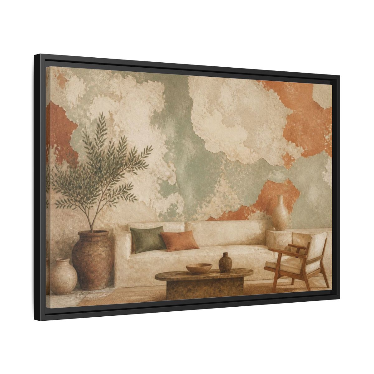 Side Mockup 14. Living Room Plaster Fresco shown as framed canvas print
