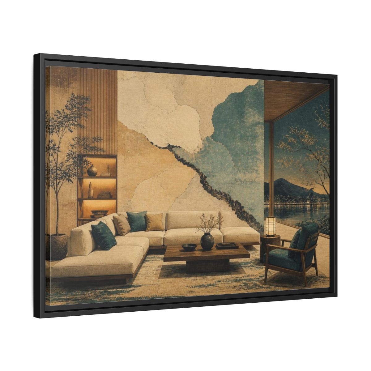 Side Mockup 14. Living Room Plaster Mural shown as framed canvas print
