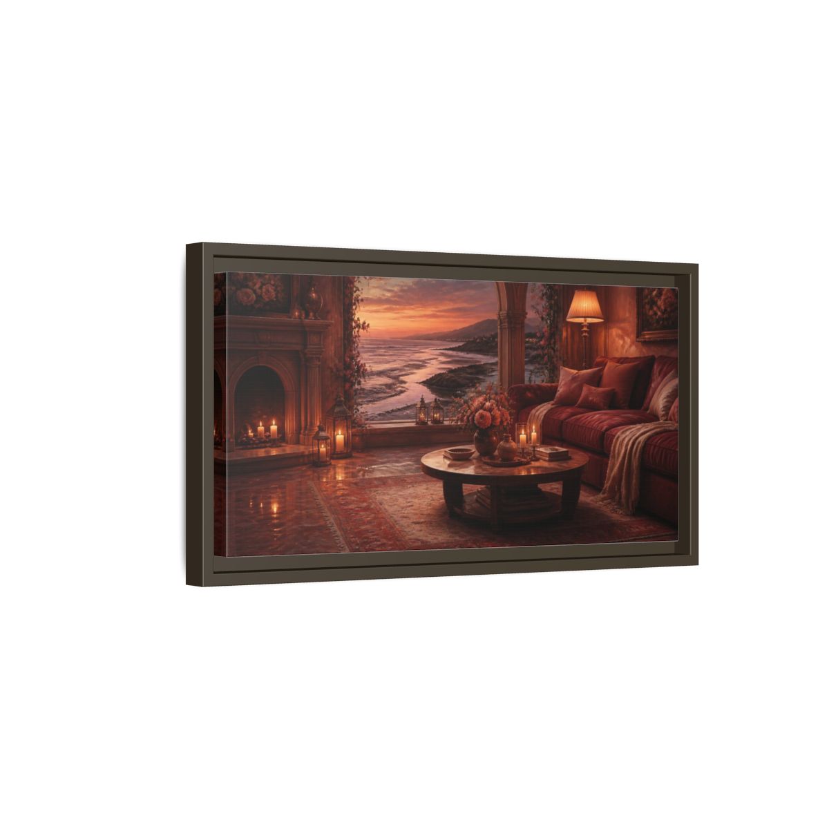 Side Mockup 7. Living Room Seaside Sunset shown as framed canvas print