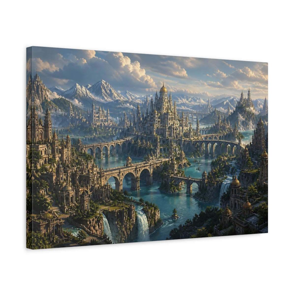 Side Mockup 3. Majestic Fantasy Cityscape shown as canvas print