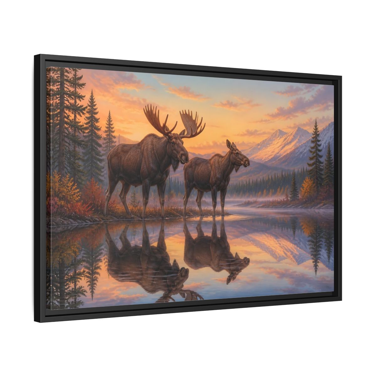 Side Mockup 14. Majestic Moose At Sunset shown as framed canvas print