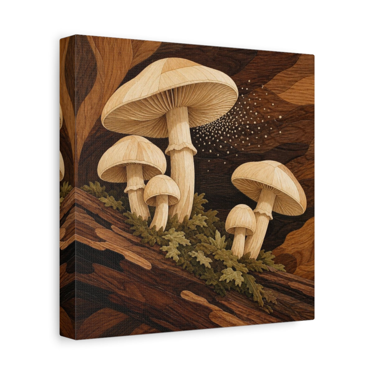 Side Mockup 9. Marquetry Mushrooms On Log shown as canvas print