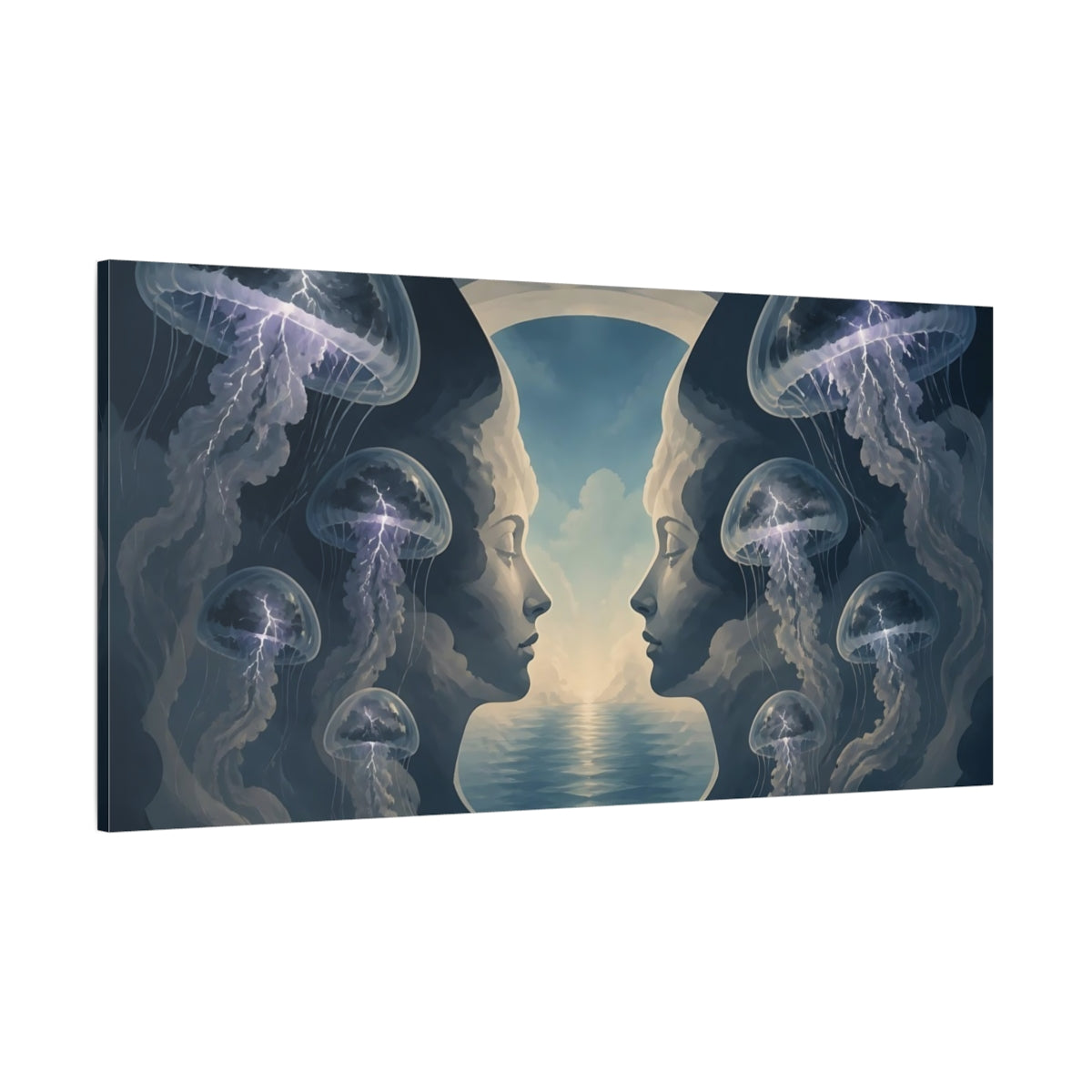Side Mockup 2. Mirrored Faces And Jellyfish shown as canvas print