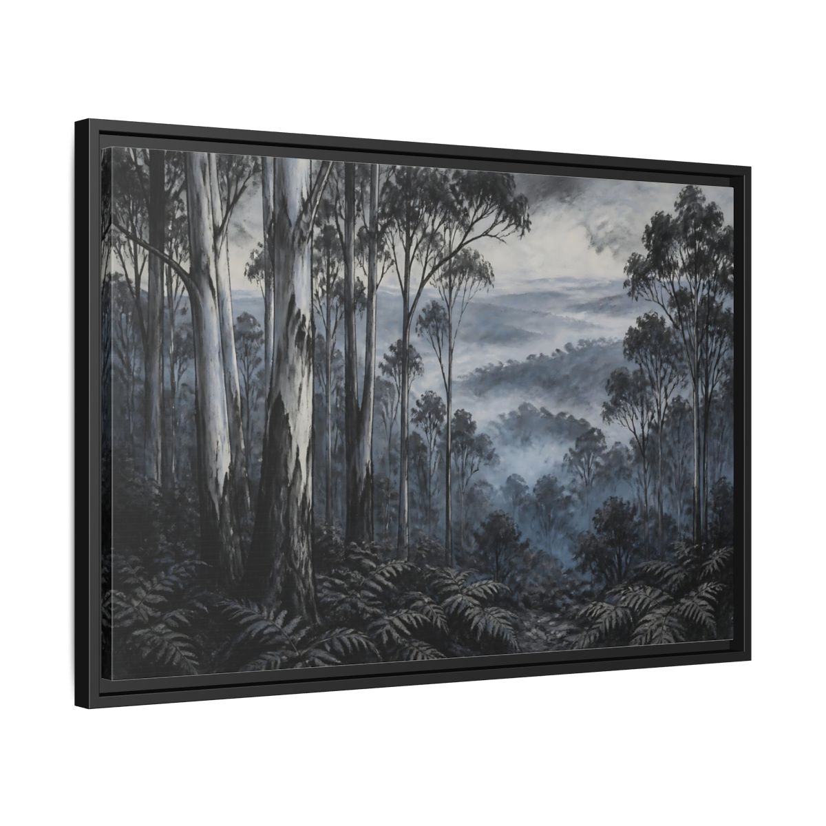 Side Mockup 14. Misty Forest Trees shown as framed canvas print
