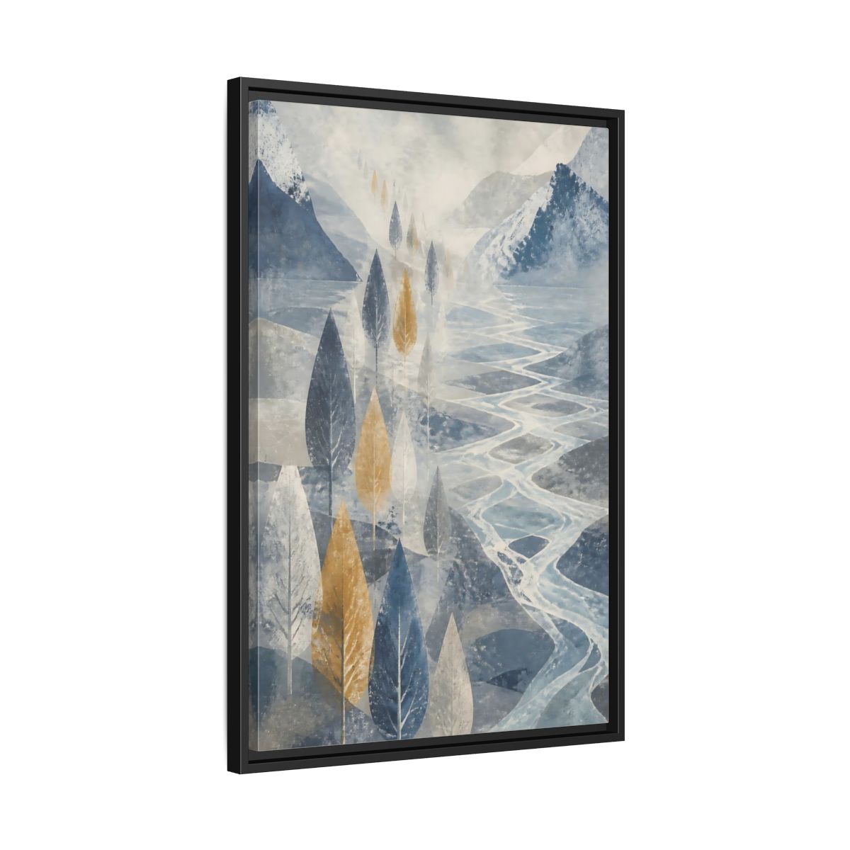 Side Mockup 14. Misty Mountain River shown as framed canvas print