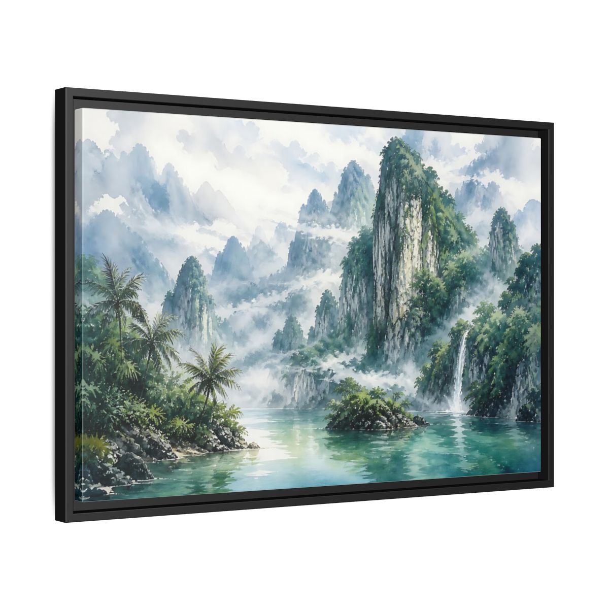 Side Mockup 14. Misty Mountain Waterfall shown as framed canvas print