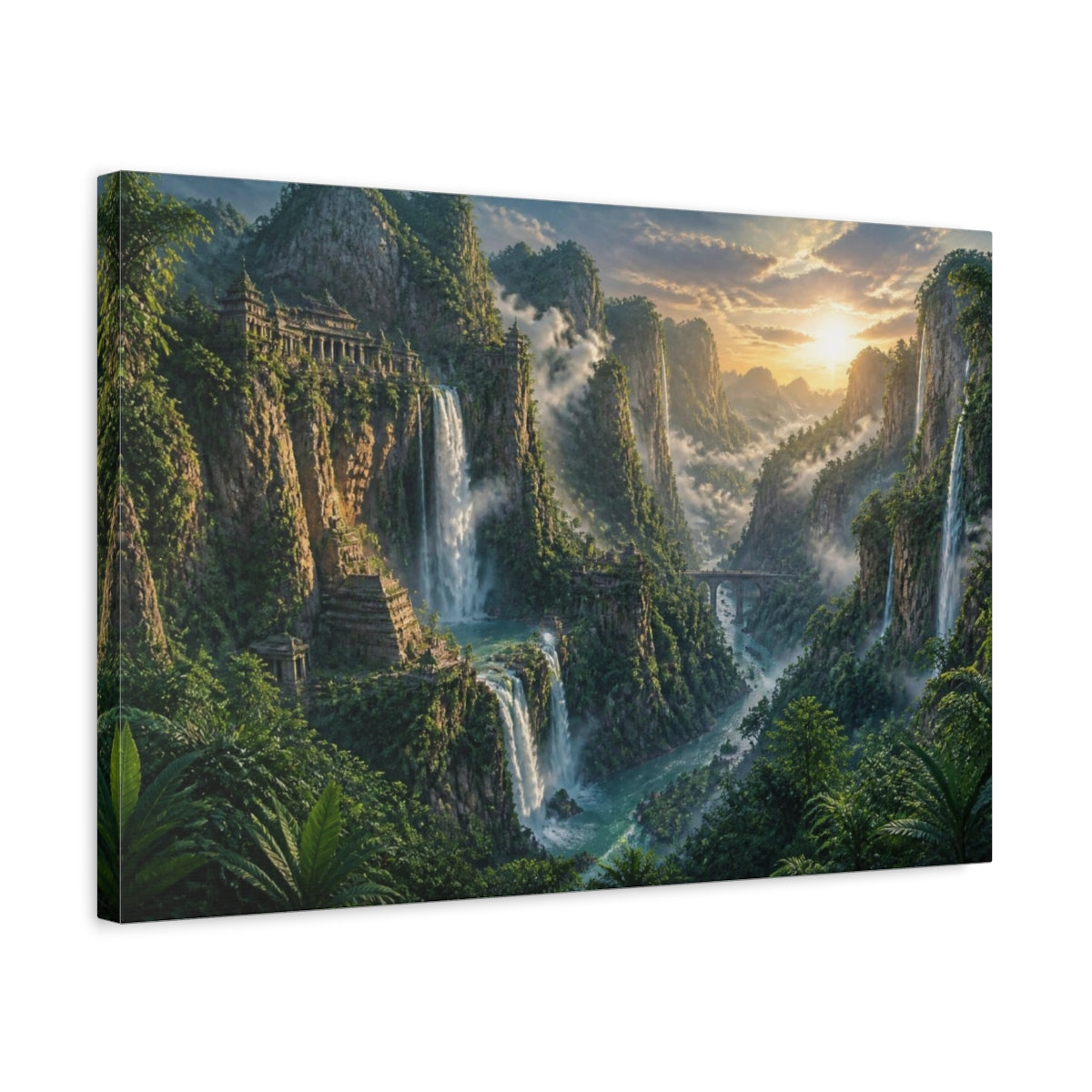 Side Mockup 3. Misty Waterfall Landscape shown as canvas print