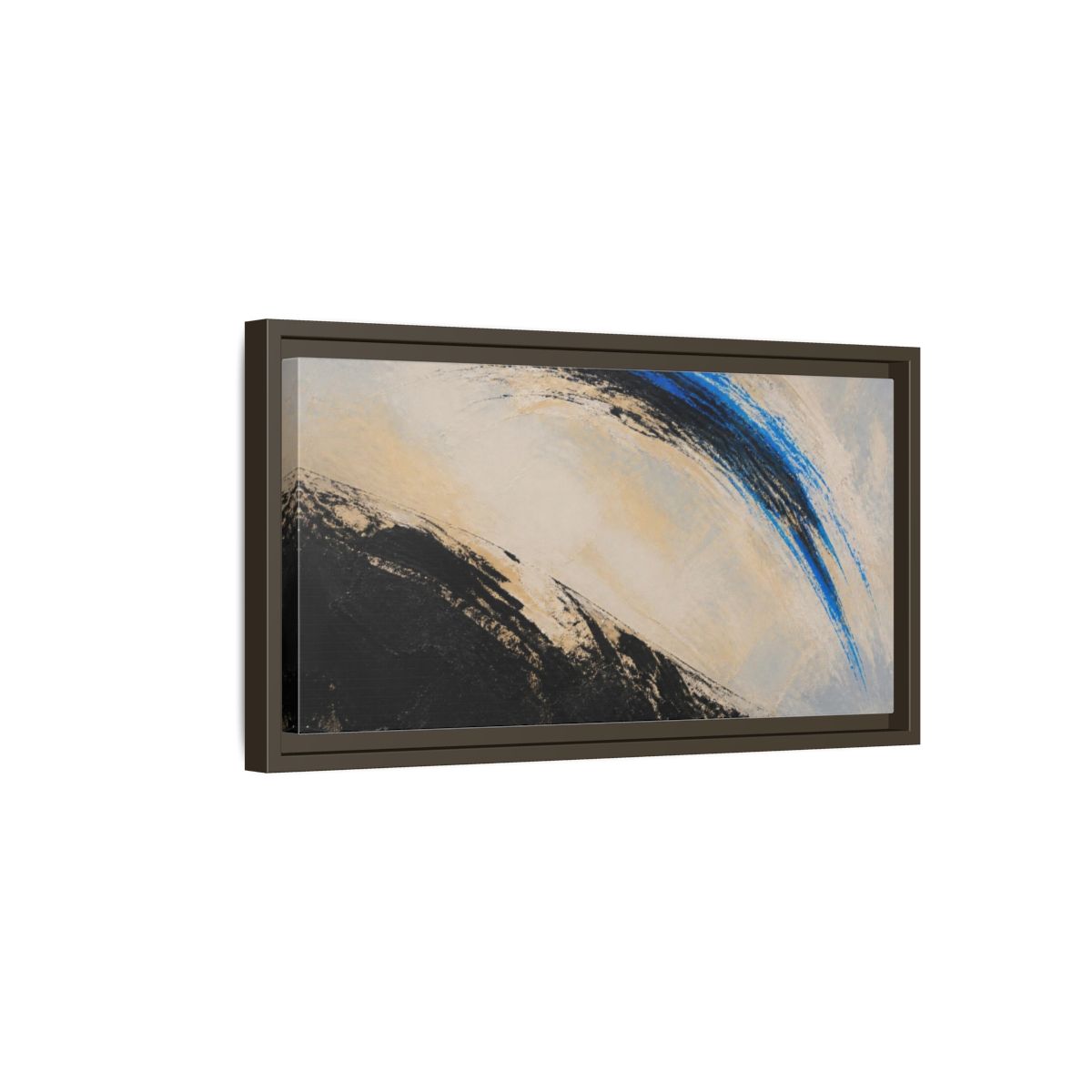 Side Mockup 7. Modern Blue Arc shown as framed canvas print