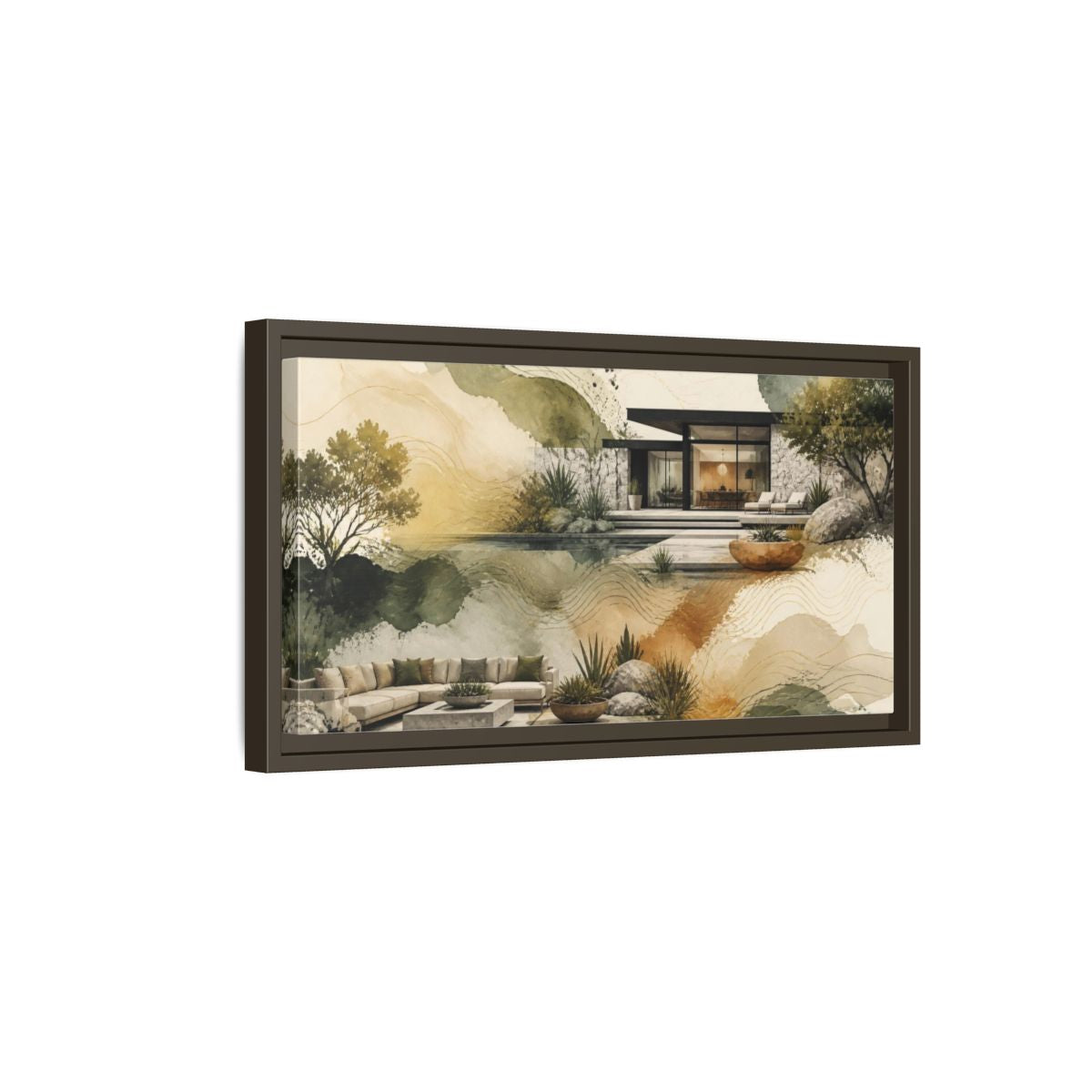 Side Mockup 7. Modern House By Pool shown as framed canvas print