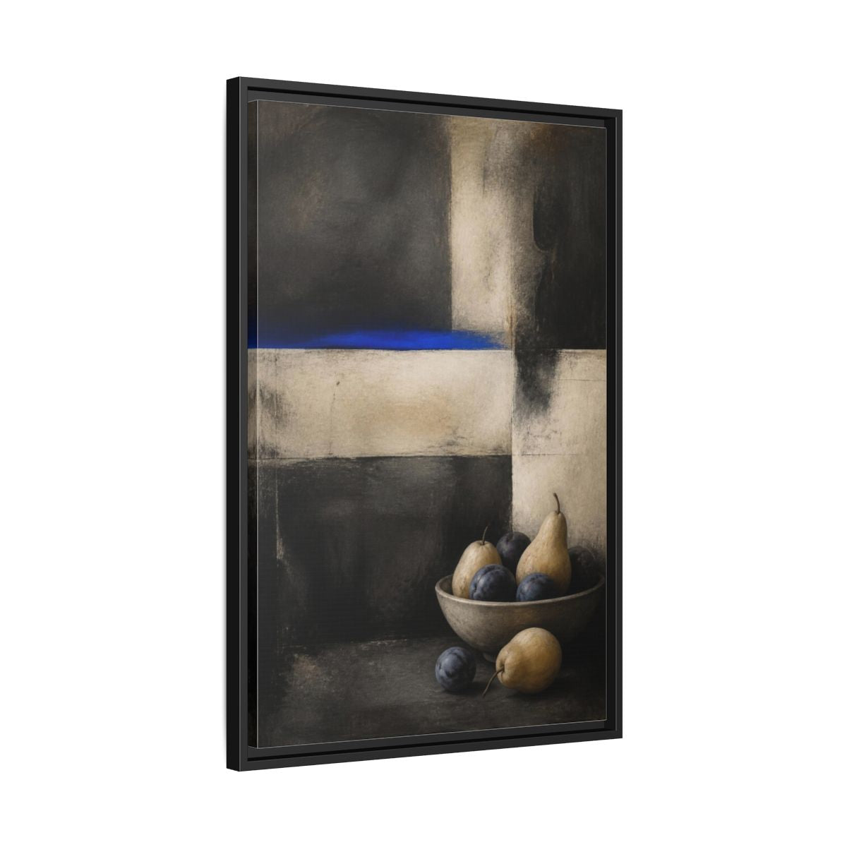 Side Mockup 14. Modern Pear Bowl With Cobalt Band shown as framed canvas print