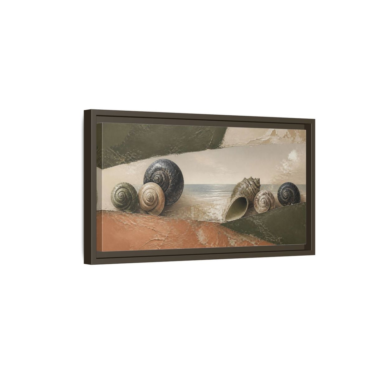Side Mockup 7. Modern Shells On Shore shown as framed canvas print