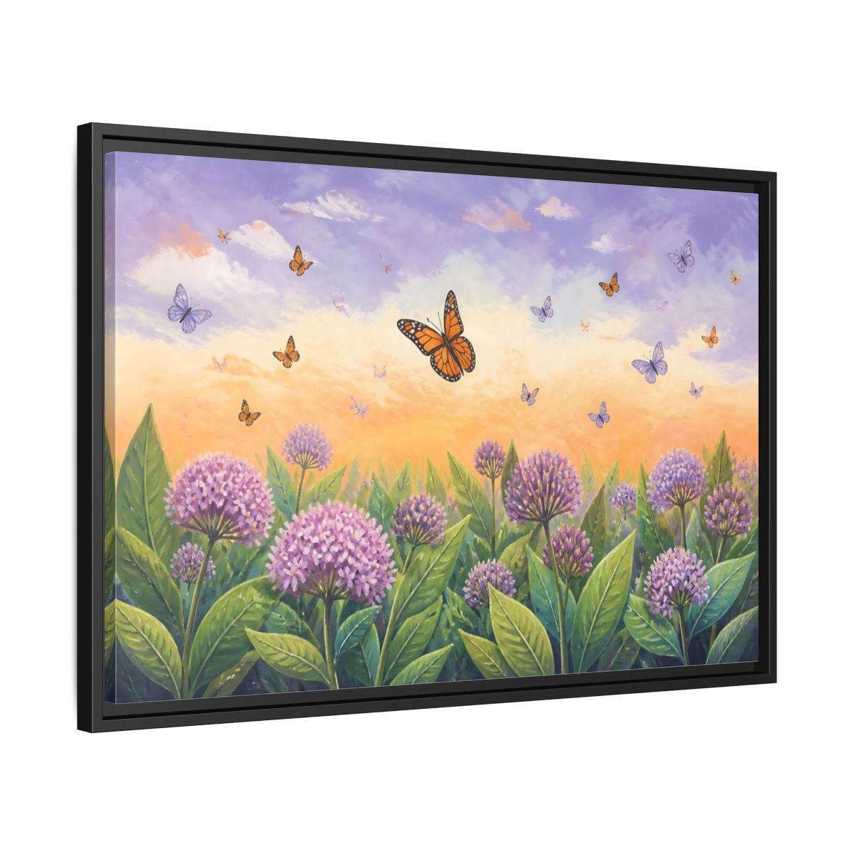 Side Mockup 14. Monarch Butterfly Sunset Garden shown as framed canvas print