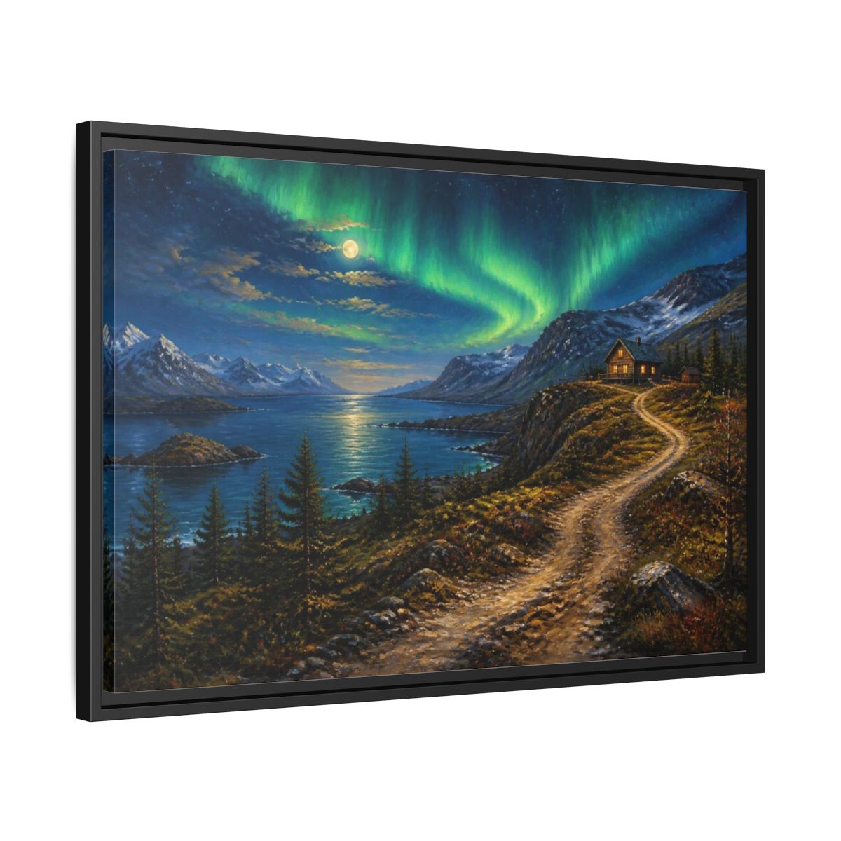 Side Mockup 14. Moonlit Cabin Landscape shown as framed canvas print