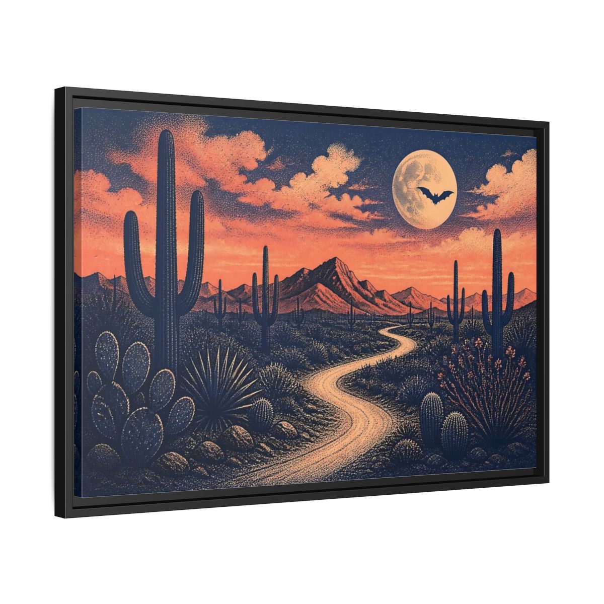 Side Mockup 14. Moonlit Cactus Trail shown as framed canvas print